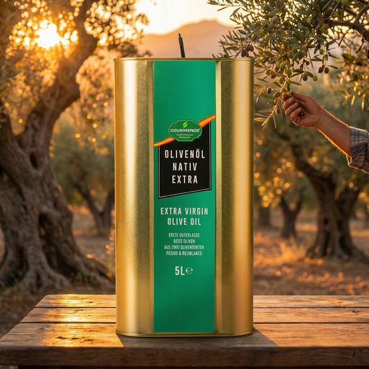 GOURMENOS Extra Natives Olivenöl - 5L Kanister - schwarze/reife Oliven