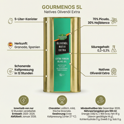 GOURMENOS Extra Natives Olivenöl - 5L Kanister - schwarze/reife Oliven