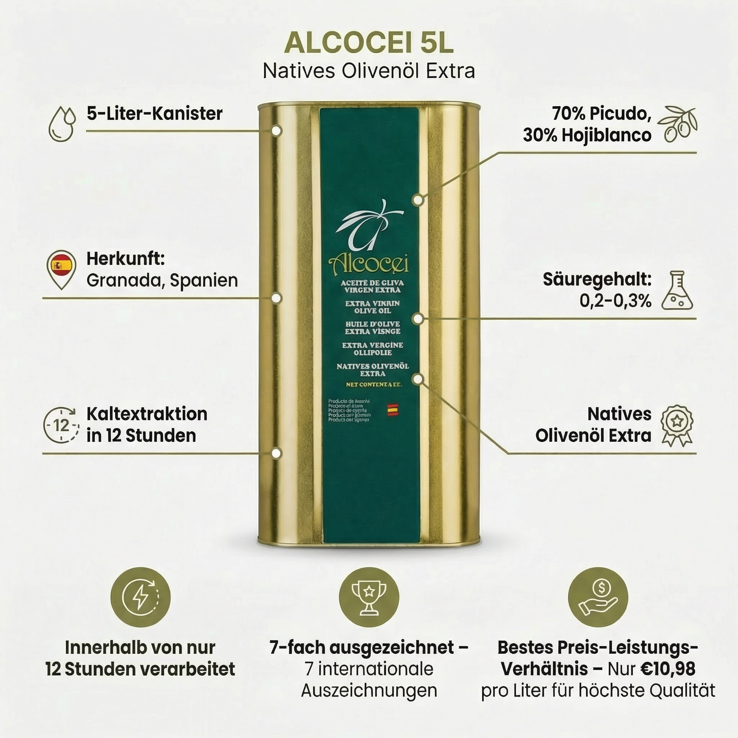 ALCOCEI Natives Olivenöl Extra - 5L Kanister - reife Oliven
